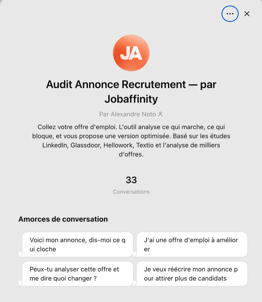 La fiche du GPT personnalisé JobAffinity sur ChatGPT : sa description, ses amorces de conversation et le bouton pour démarrer le chat