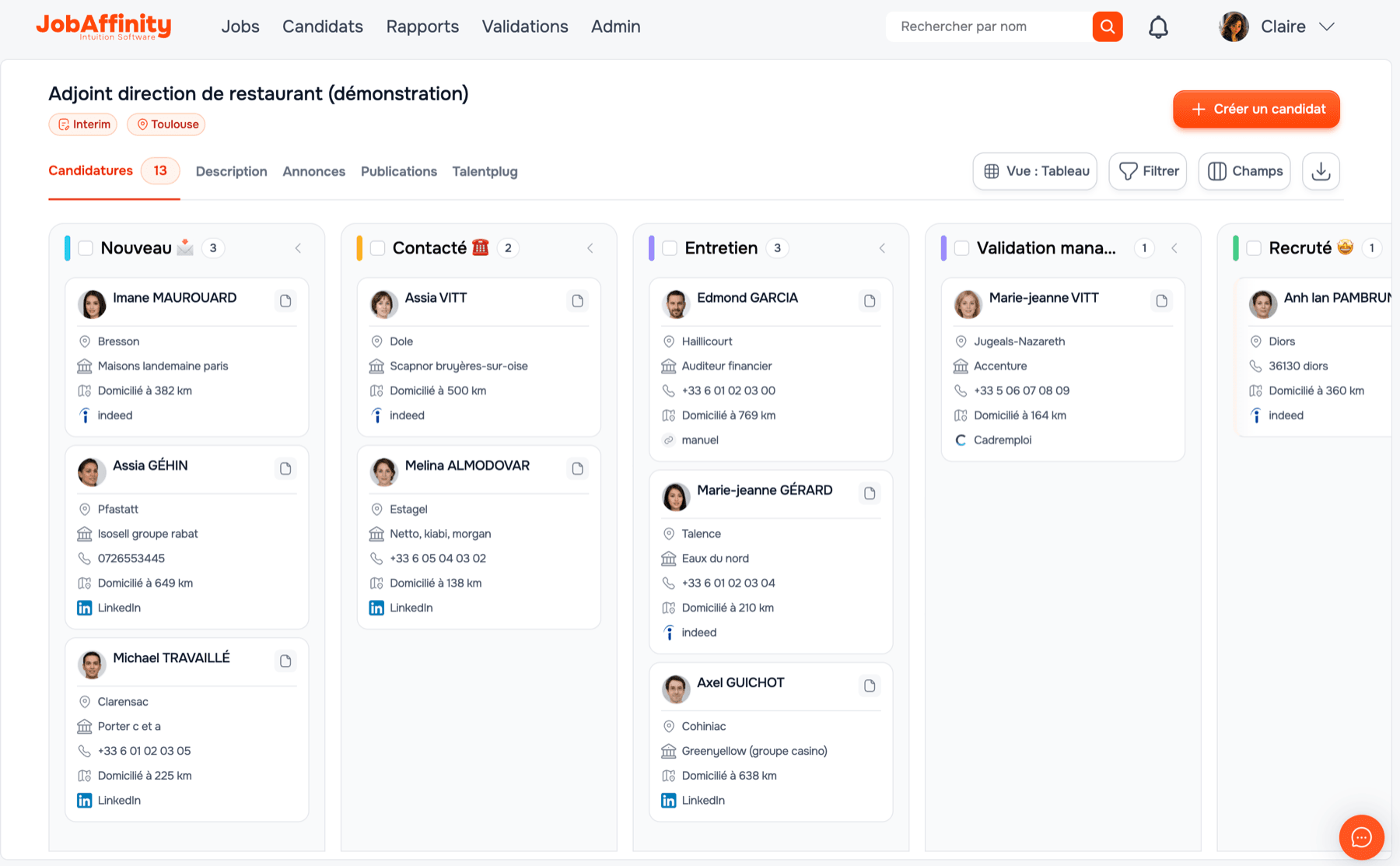 Candidatures d'un poste en vue kanban dans JobAffinity