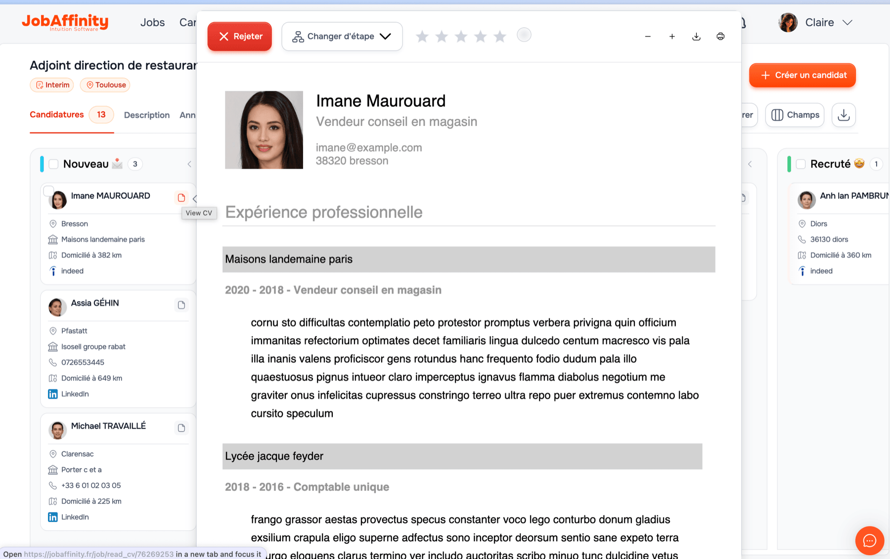 CV ouvert au survol dans la liste des candidatures JobAffinity, actions de décision visibles