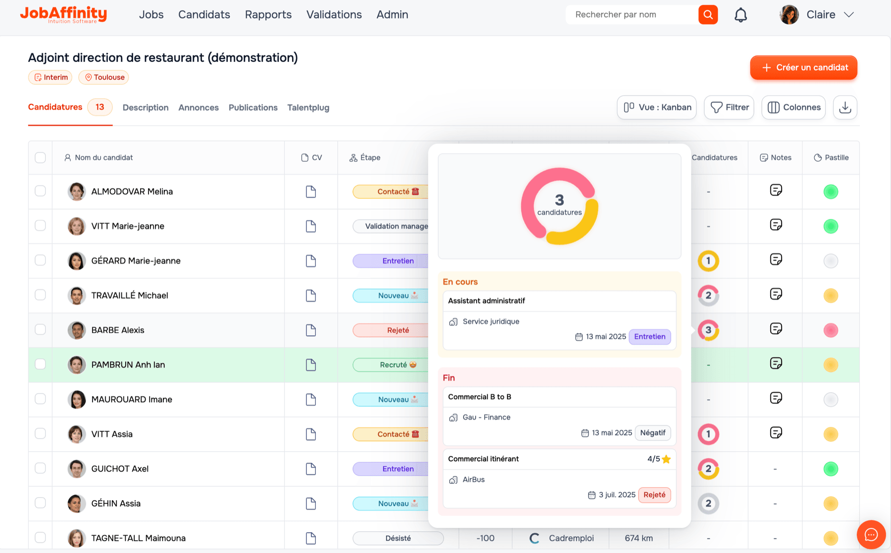 Notes and other applications visible on hover in the JobAffinity table view