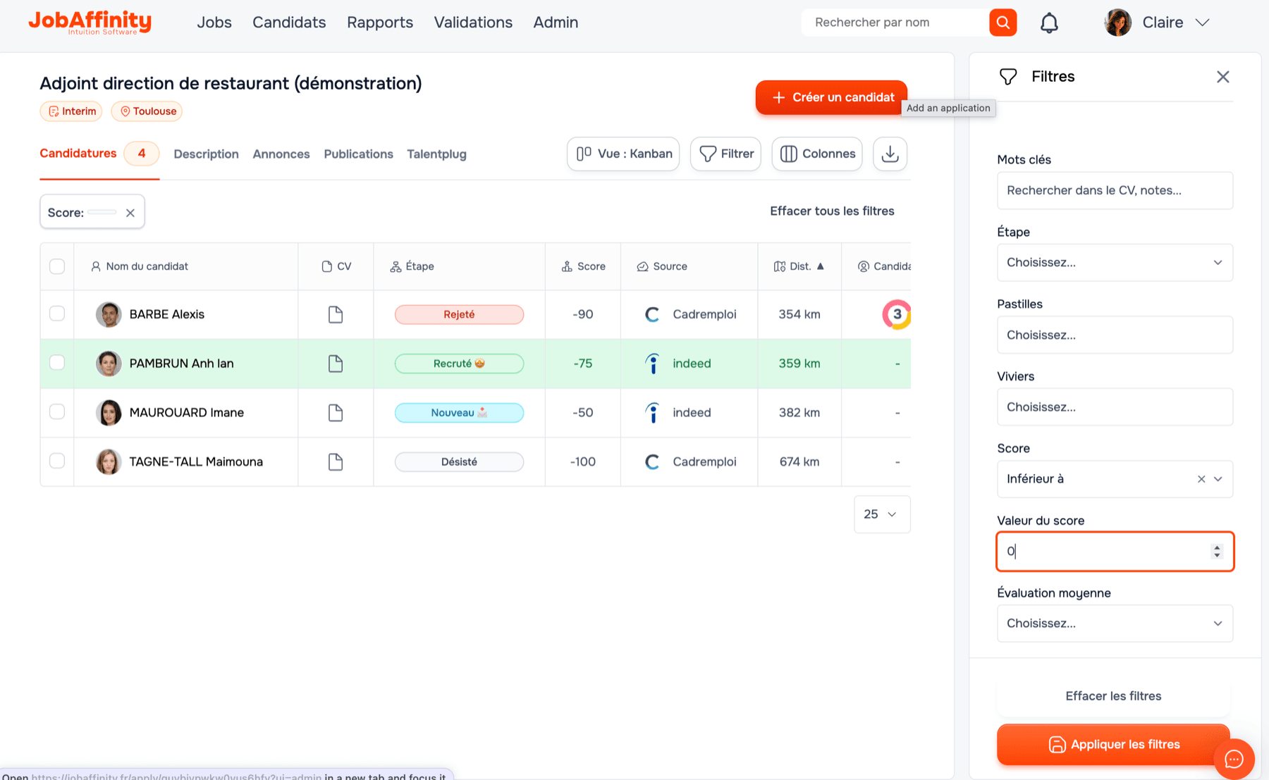 Filtre des candidatures sur la réponse au questionnaire dans JobAffinity