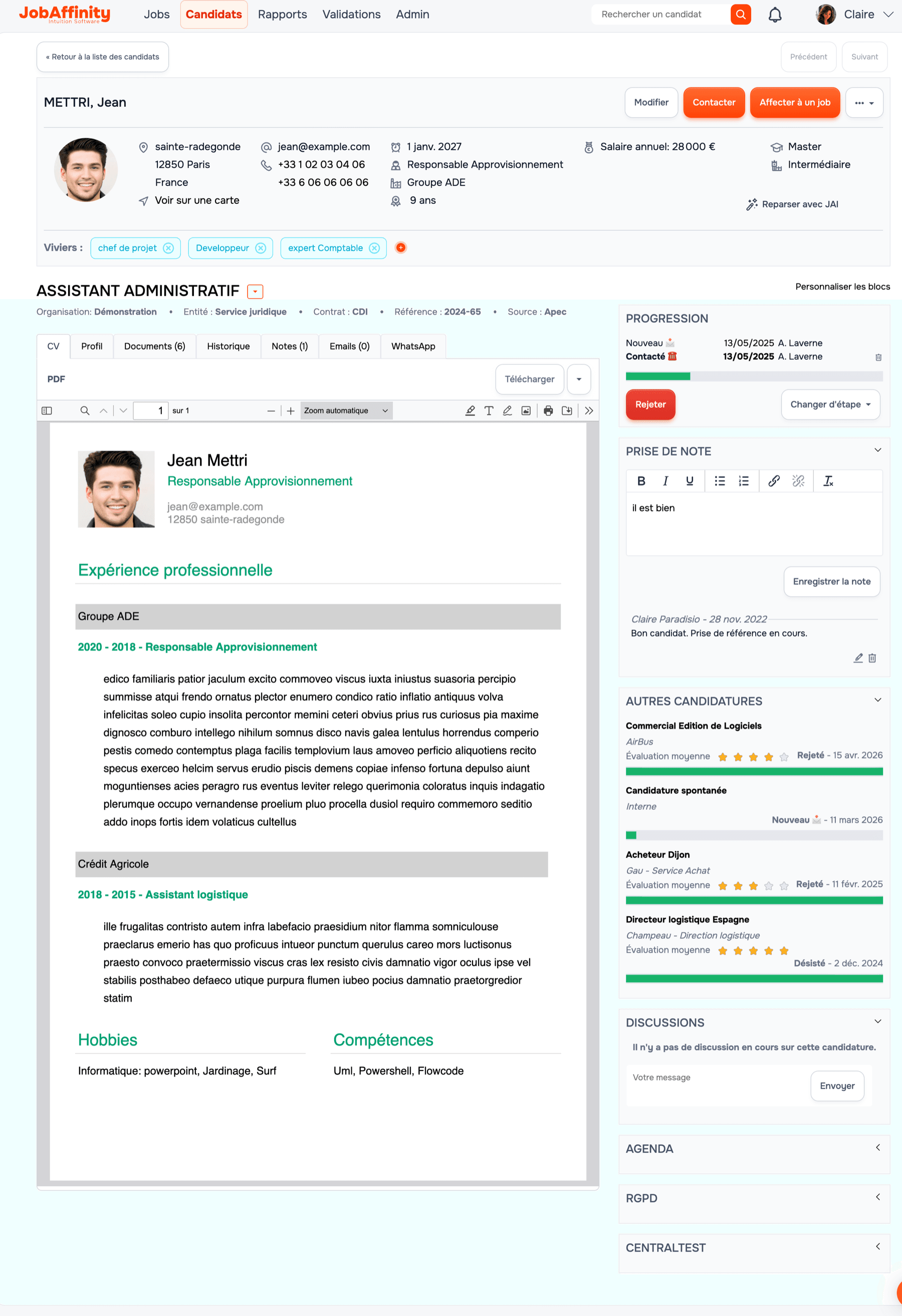 JobAffinity candidate file: information extracted by parsing and talent pools