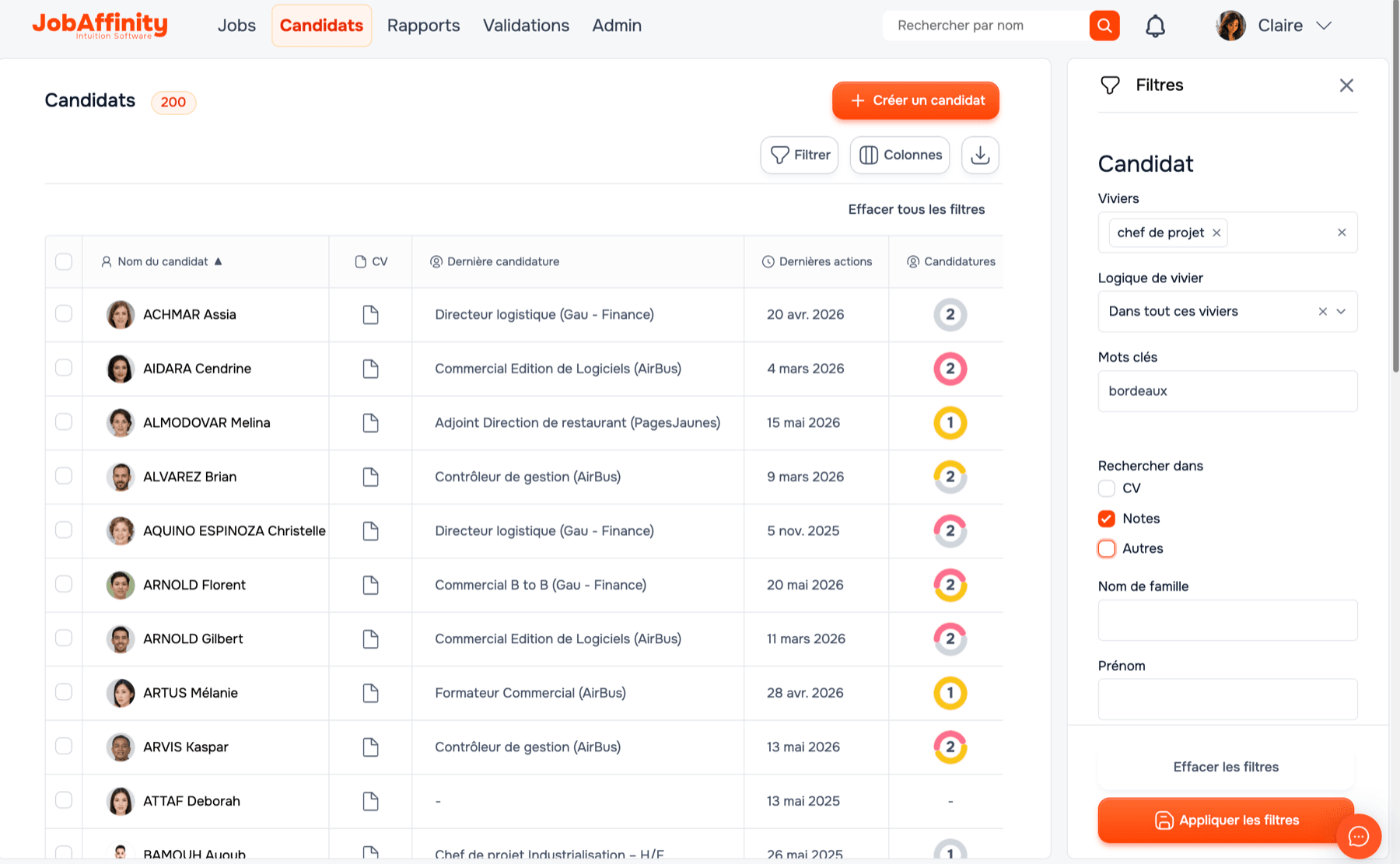 Recherche dans la CVthèque JobAffinity, filtrée sur les notes du recruteur
