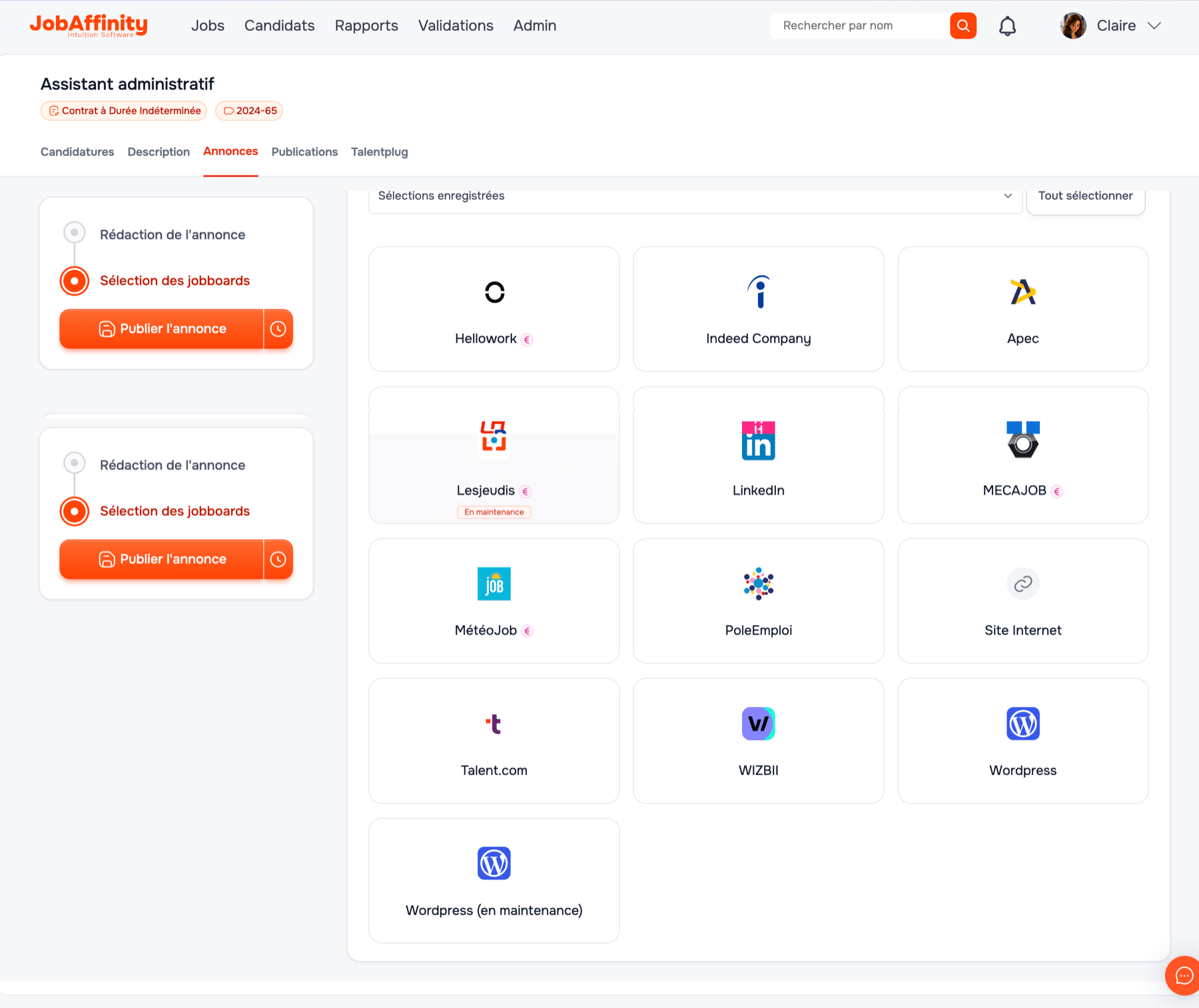 JobAffinity multiposting screen: selecting job boards to publish an ad