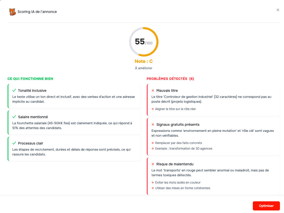 Le scoring IA de l'annonce dans JobAffinity : une note sur 100, ce qui fonctionne et les problèmes détectés avec la correction à apporter