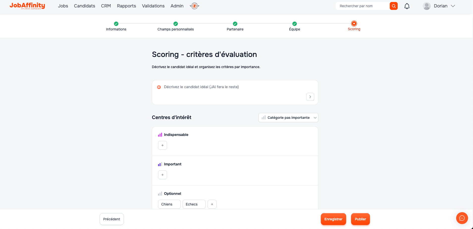 Paramétrage du scoring JAI : description du candidat idéal et critères pondérés