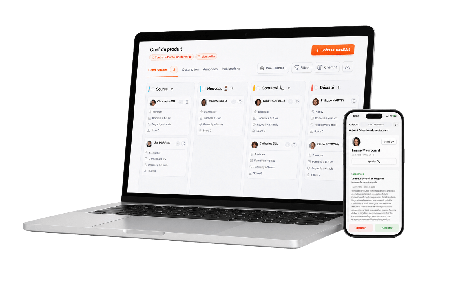Aperçu de JobAffinity sur ordinateur et mobile : vue Kanban des candidatures