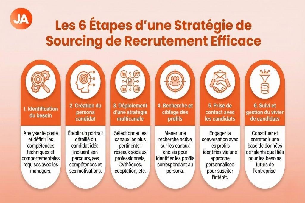 Une stratégie de sourcing performante repose sur un processus méthodique en 6 étapes